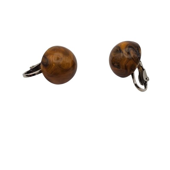 VTG Clip On Earrings Round Ball Honey Brown Swirl Lucite Resin MCM‎ Retro Womens - Picture 16 of 16